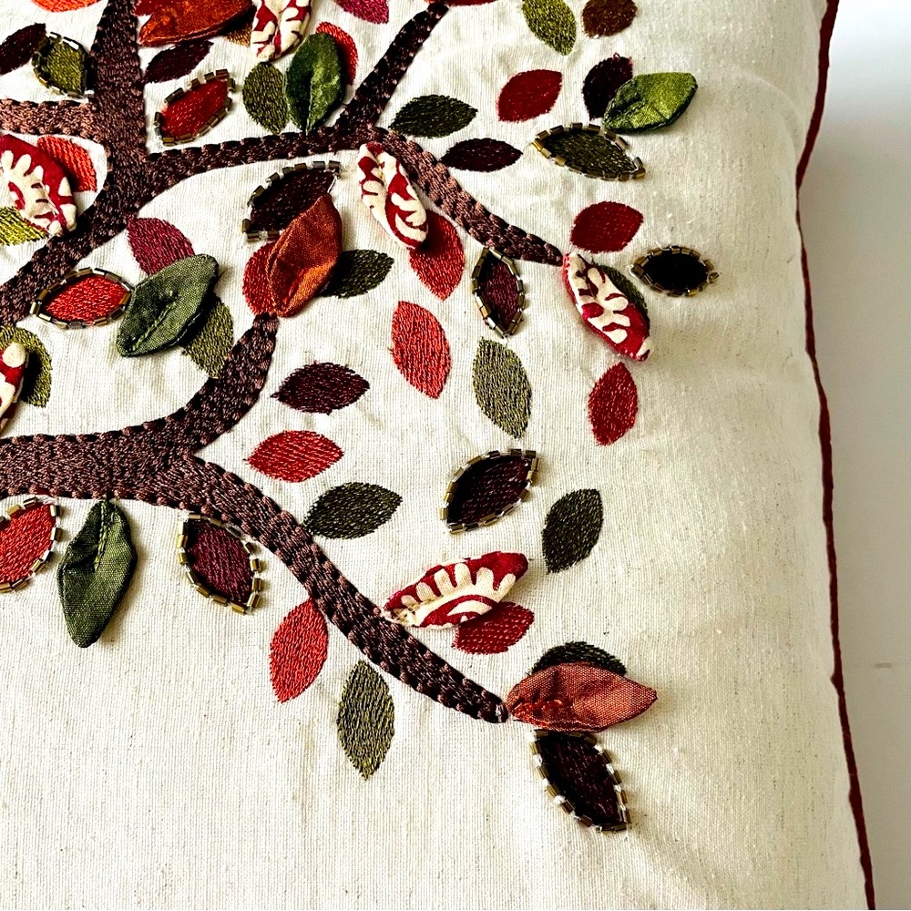 Pier 1 Imports Tree of Life Beaded Embroidery Rust Green Throw Pillow Home Decor - Picture 9 of 10